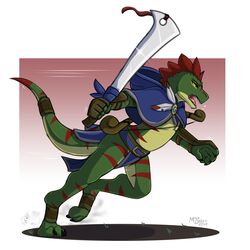  1:1 2019 accessory adventurer aggressive angry anthro armor bottomwear bow_(weapon) bracers charge clothing feathers frill_(anatomy) furgonomics head_crest head_frill hi_res jewelry lizardman loincloth machete male melee_weapon milodesty ranged_weapon rivocie_(rawrzky) scalie solo tail tail_accessory tail_bracelet tail_jewelry weapon 