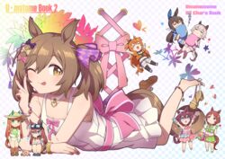  6+girls ;p absurdres admire_vega_(umamusume) ahoge alternate_costume animal_ears arms_up asymmetrical_gloves bare_shoulders bikini black_hair blue_eyes blue_pajamas blush breasts brown_eyes brown_hair brown_headwear cleavage closed_mouth collarbone commentary_request curren_chan_(umamusume) diving_mask diving_mask_on_head dress ear_covers extreme_dangling fingernails gloves goggles goggles_on_head green_bikini green_eyes green_gloves green_skirt grey_gloves grey_hair hair_between_eyes hairband hat heart highres horse_ears horse_girl horse_tail long_hair mayano_top_gun_(chill_chill_night)_(umamusume) mayano_top_gun_(umamusume) midriff mihono_bourbon_(umamusume) mismatched_gloves multiple_girls nail_polish navel official_alternate_costume one_eye_closed open_mouth orange_hair pajamas parted_lips pink_eyes pink_gloves pink_hairband pink_nails pink_pajamas pleated_skirt sakura_chiyono_o_(fleur_enneigee)_(umamusume) sakura_chiyono_o_(umamusume) sakura_laurel_(ticked_cherry_blossom)_(umamusume) sakura_laurel_(umamusume) sha_(siasha0104) shoe_dangle short_hair short_sleeves shorts silence_suzuka_(umamusume) skirt smart_falcon_(umamusume) smile snorkel sun_hat swimsuit tail tongue tongue_out two_side_up umamusume umamusume:_road_to_the_top white_dress white_shorts zzz 