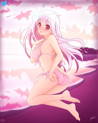  absurdres artfetish barefoot beach comic_panel_redraw derivative_work female floating ghost highres looking_back panties pink_panties red_eyes reflection self-upload solo sunset swimsuit twitter_username underwear yunohana_yuuna yuragisou_no_yuuna-san 