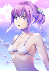  bikini blue_sky breasts collarbone day drill_hair female flower gradient_background hair_flower hair_ornament highres looking_at_viewer one_side_up original outdoors parted_lips purple_background purple_eyes purple_hair rose saigado skinny sky small_breasts solo strap_gap swimsuit upper_body white_bikini yellow_flower yellow_rose 