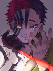  1boy akaza_(kimetsu_no_yaiba) araki_(nora_ark2) bare_shoulders closed_mouth collarbone colored_eyelashes colored_sclera crying crying_with_eyes_open eyelashes facial_mark facial_tattoo fingernails fusion green_kimono grey_background hakuji_(kimetsu_no_yaiba) hand_tattoo hands_up highres japanese_clothes kimetsu_no_yaiba kimono looking_at_viewer male_focus multicolored_hair pink_hair pink_nails portrait short_hair signature smile solo split-color_hair split_theme spoilers tattoo tears tears_from_one_eye text_in_eyes two-tone_hair yellow_eyes 