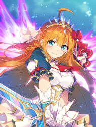  ahoge blue_eyes blurry blurry_background blush braid breasts brown_skirt closed_mouth commentary depth_of_field female gloves hair_between_eyes hair_ribbon holding holding_sword holding_weapon long_hair looking_at_viewer medium_breasts orange_hair pecorine_(princess)_(princess_connect!) pecorine_(princess_connect!) pleated_skirt princess_connect! puffy_short_sleeves puffy_sleeves ribbon see-through short_sleeves shrug_(clothing) skirt smile solo split_mouth sword tiara tsuezu two-handed very_long_hair weapon white_gloves 