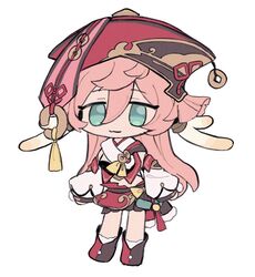  :3 blue_eyes boots chibi chinese_clothes closed_mouth detached_sleeves female genshin_impact hair_between_eyes hat highres horns long_hair pink_hair protected_link red_hat simple_background solo tabemon_oishi tassel white_background yanfei_(genshin_impact) 