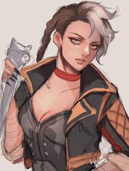  apex_legends black_hair black_jacket braid breaking_the_law_loba breasts brown_eyes choker cleavage collarbone female grey_hair head_tilt holding holding_staff jacket loba_(apex_legends) looking_at_viewer medium_breasts official_alternate_costume parted_lips red_choker side_braid solo staff tama_(ponz3o1) upper_body 