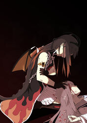  2girls absurdres armlet black_background black_hair black_headband blood blood_on_face chains commentary_request covered_eyes daifuku_(deka_fuku) death dragon_tail dragon_wings fake_tail fake_wings flame_print gloves gold_headband grey_hair hair_ornament headband highres injury kneeling kureha_yuna lap_pillow magia_record:_mahou_shoujo_madoka_magica_gaiden magical_girl mahou_shoujo_madoka_magica multicolored_hair multiple_girls ooba_juri orange_hair partial_commentary red_hair ribbon school_uniform soul_gem tail torayamachi_academy_school_uniform white_ribbon wings 