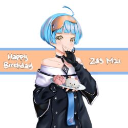  ahoge bangs bare_shoulders black_gloves blue_hair blunt_bangs blush chaesu choker collarbone covering_mouth female fingerless_gloves flat_chest food girls_frontline gloves goggles goggles_on_head happy_birthday highres jewelry long_sleeves looking_at_viewer orange_eyes orange_goggles plate shooting_glasses short_hair single_earring solo zas_m21_(girls_frontline) 