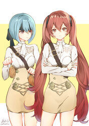  2girls atoatto beruka_(fire_emblem) blue_hair bread crossed_arms fire_emblem fire_emblem_fates fire_emblem_heroes food garreg_mach_monastery_uniform holding holding_food looking_at_another looking_at_viewer multiple_girls red_hair school_uniform selena_(fire_emblem_fates) simple_background standing upper_body 