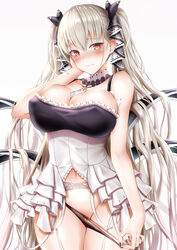  absurdres azur_lane bad_hands bare_shoulders between_breasts black_nails black_panties blush breasts cleavage closed_mouth collarbone cowboy_shot dress female formidable_(azur_lane) frilled_dress frills garter_belt grey_hair hair_between_eyes hair_ribbon hand_on_own_face highres large_breasts long_hair looking_at_viewer navel panties panty_pull red_eyes ribbon short_dress showgirl_skirt solo thighs twintails two-tone_dress two-tone_ribbon underwear very_long_hair wavy_mouth white_background yukiaka 