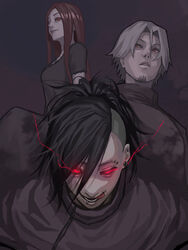  2boys asymmetrical_hair black_dress black_hair closed_mouth dress facial_hair female glowing glowing_eyes goatee half-closed_eye highres itori_(tokyo_ghoul) long_hair lower_teeth_only multiple_boys parted_lips ponytail red_eyes red_hair short_hair short_sleeves sidecut stfr_(stfr_kaz) teeth tokyo_ghoul tongue tongue_out undercut upper_body uta_(tokyo_ghoul) yomo_renji 