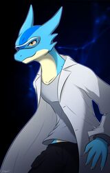  alsoimainyoshi anthro blue_body blue_scales bottomwear claws clothed clothing coat eyewear giru_(artist) goggles hi_res kobold lab_coat male orange_eyes safety_goggles scales solo standing tan_body tan_scales topwear 