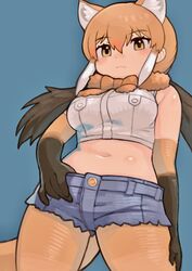  :&lt; bare_shoulders blush bow bowtie brown_gloves brown_hair cowboy_shot cutoffs denim denim_shorts elbow_gloves extra_ears female from_below fur_collar gloves hand_in_pants highres kemono_friends kemono_friends_3 looking_at_viewer maned_wolf_(kemono_friends) midriff navel orange_bow orange_bowtie orange_eyes orange_fur orange_gloves orange_hair orange_pantyhose pantyhose rinx shirt short_shorts shorts sidelocks sleeveless solo twintails two-tone_gloves white_hair white_shirt 