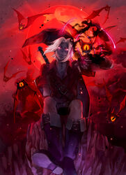  1boy bat_(animal) belt black_hat black_skin boots colored_skin commentary_request dark_link fingerless_gloves gloves glowing glowing_eyes hat keese male_focus moon night outdoors pointy_ears red_moon red_sky red_theme short_sleeves sitting sizu sky smile the_legend_of_zelda the_legend_of_zelda:_breath_of_the_wild white_hair 