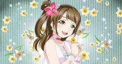  :d blush bokutachi_wa_hitotsu_no_hikari brown_eyes brown_hair choker commentary_request earrings female floral_background flower hair_flower hair_ornament jewelry long_hair love_live! love_live!_school_idol_project minami_kotori one_side_up open_mouth otsuki_(aquatictai_cqb) own_hands_together pink_choker smile solo striped striped_background uchida_aya upper_body vertical_stripes voice_actor wrist_cuffs 