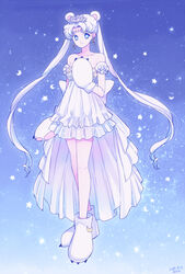  adapted_costume animal_ears animal_hands back_bow bad_id bad_pixiv_id bare_legs bare_shoulders bear_ears bear_girl bear_paws bishoujo_senshi_sailor_moon blue_background blue_eyes bow collarbone crescent crescent_facial_mark crown dated double_bun dress earrings facial_mark female forehead_mark full_body gloves hair_bun heart_crown jewelry kemonomimi_mode long_hair neo_queen_serenity paw_gloves paw_shoes saki_(hxaxcxk) season_connection shoes signature smile solo standing strapless strapless_dress tsukino_usagi twintails white_bow white_crown white_dress white_footwear white_gloves white_hair yuri_kuma_arashi 