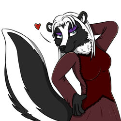  1:1 anthro black_body black_fur blue_eyes clothed clothing dress female foxyruby fur hair heart_symbol mammal mephitid skunk solo sticker twillight_(twillightskunk) white_body white_fur white_hair 