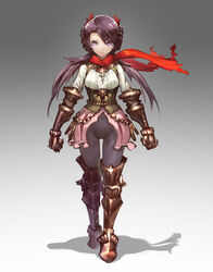  armor black_light chinese_commentary commentary_request corset female gauntlets gradient_background greaves hair_ribbon long_hair looking_at_viewer pixiv_fantasia pixiv_fantasia_t purple_eyes purple_hair red_scarf ribbon scarf shadow shirt showgirl_skirt smile solo swept_bangs twintails walking white_shirt 