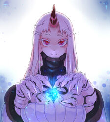  abyssal_ship breasts claws collar colored_eyelashes commentary female glowing heart heart_hands horns huge_breasts kantai_collection long_hair ribbed_sweater seaport_princess short_eyebrows single_horn smile solo sw_(2311550438) sweater symbol-only_commentary 