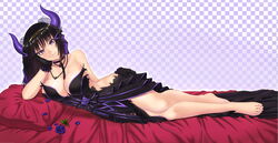  bare_legs bare_shoulders barefoot bed black_dress black_gloves black_hair bow breasts checkered_background choker circlet cleavage commentary_request dress feet female flower full_body gloves goth_fashion hair_flower hair_ornament hair_ribbon hand_on_own_cheek hand_on_own_face head_rest head_tilt highres horns indoors jewelry large_breasts light_smile looking_at_viewer lying necklace no_bra on_bed on_side outline petals pillow purple_eyes purple_flower purple_rose ribbon rinkou_no_lemuria rockmanwjh rose shion_(lemuria) smile solo torn_clothes torn_dress tress_ribbon 