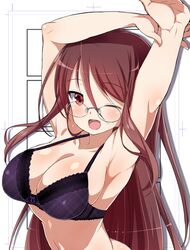  armpits arms_up black_bra blush bra breasts brown_eyes brown_hair cleavage commentary_request female fuyajou_yodomi gankutsu-sou_no_fuyajou-san glasses kounosu_satori large_breasts long_hair navel one_eye_closed open_mouth plaid plaid_bra rimless_eyewear smile solo underwear 