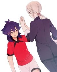  2boys afuro_terumi aged_up bad_link dutch_angle formal inazuma_eleven_(series) inazuma_eleven_go kidokawa_seishuu kishibe_taiga long_hair male_focus multiple_boys open_mouth ponytail purple_hair simple_background soccer_uniform sportswear suit tokio_neo white_background 