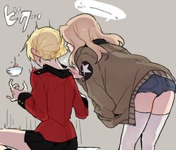  2girls blonde_hair blowing_on_neck bomber_jacket commentary_request cup darjeeling_(girls_und_panzer) denim denim_shorts from_behind girls_und_panzer grey_background hand_in_pocket jacket kay_(girls_und_panzer) leaning_forward long_hair military military_uniform multiple_girls ree_(re-19) saunders_military_uniform short_hair shorts st._gloriana&#039;s_military_uniform surprised teacup thighhighs uniform white_legwear 