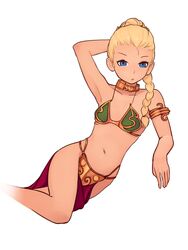  34no404 armlet armor bikini_armor blonde_hair braid braided_ponytail breasts cammy_white character_request choker commentary cosplay english_commentary female forehead hair_over_shoulder highres long_hair navel pelvic_curtain princess_leia_organa_solo princess_leia_organa_solo_(cosplay) single_braid slave small_breasts solo star_wars star_wars:_return_of_the_jedi street_fighter 