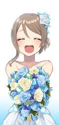  absurdres alternate_hairstyle bare_shoulders blue_flower blue_ribbon blue_rose blush closed_eyes commentary_request crying dress facing_viewer female flower gradient_background hair_between_eyes hair_flower hair_ornament happy highres leaf love_live! love_live!_sunshine!! open_mouth purple_flower ribbon rose smile solo strapless strapless_dress tears thank_you_friends!! watanabe_you white_background white_dress white_flower white_rose yellow_flower yuama_(drop) 