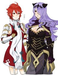  2girls armor blush breast_envy breasts brown_eyes camilla_(fire_emblem) camilla_(fire_emblem_if) cleavage dress fire_emblem fire_emblem_if gloves hair_over_one_eye hinoka_(fire_emblem) hinoka_(fire_emblem_if) long_hair multiple_girls open_mouth panties purple_hair red_eyes red_hair scarf short_hair translation_request umemaru_(oume_maru) underwear 