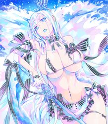  armpits bad_id bad_pixiv_id bare_shoulders bikini blue_eyes breasts cleavage commentary detached_sleeves ear_piercing female groin hat large_breasts long_hair looking_at_viewer mila_(yuta27315) navel navel_piercing open_mouth original piercing pointy_ears solo swimsuit white_hair 