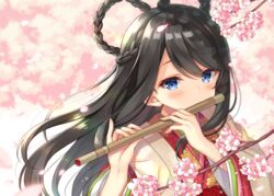  black_hair blue_eyes blurry blurry_background blush braid commentary covered_mouth depth_of_field female fingernails flower flute hair_rings holding holding_instrument instrument japanese_clothes kimono layered_clothes layered_kimono long_hair long_sleeves looking_at_viewer music original petals pink_flower playing_flute playing_instrument print_kimono shiromikan solo transverse_flute very_long_hair wide_sleeves yellow_kimono 