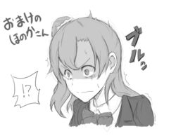  !? blazer bow bowtie commentary_request female greyscale jacket kosaka_honoka love_live! love_live!_school_idol_project monochrome nameta_neko one_side_up shaded_face solo surprised sweatdrop trembling wavy_mouth white_background 