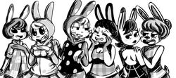  2016 animal_crossing anthro black_and_white blush breasts bunnie_(animal_crossing) chrissy_(animal_crossing) clothed clothing female francine_(animal_crossing) gabi_(animal_crossing) group hair inkyfrog lagomorph leporid lipstick makeup mammal monochrome nintendo pippy_(animal_crossing) rabbit sibling_(lore) simple_background sister_(lore) sisters_(lore) tiffany_(animal_crossing) white_background 