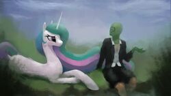  16:9 :&lt; ?_face alicorn anon clothed clothing crossed_legs dock_(anatomy) duo equid equine eyelashes feathered_wings feathers female feral friendship_is_magic green_body green_skin hair hasbro hi_res horn human long_hair lying male mammal multicolored_hair my_little_pony mythological_creature mythological_equine mythology on_front outside princess_celestia_(mlp) remi721 sitting suit tail white_body white_skin widescreen wings 