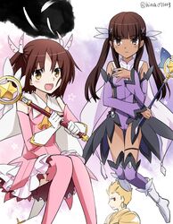  1boy 2girls brown_hair commentary_request cosplay cross fate/kaleid_liner_prisma_illya fate/stay_night fate/strange_fake fate_(series) gilgamesh_(fate) hair_ornament kuruoka_tsubaki long_hair magical_girl magical_ruby magical_sapphire miyu_edelfelt miyu_edelfelt_(cosplay) multiple_girls ouhina pale_rider_(fate) prisma_illya prisma_illya_(cosplay) smile thighhighs tine_chelc twitter_username 