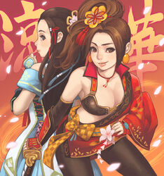  2girls asymmetrical_clothes back-to-back bad_id bad_pixiv_id bare_shoulders black_hair black_legwear blue_eyes breasts brown_eyes brown_hair chinese_clothes cleavage earrings hayakawa-dono_(sengoku_musou) jewelry kaihime_(sengoku_musou) large_breasts lips long_hair maou_alba multiple_girls nose petals ponytail sengoku_musou sword vambraces weapon 