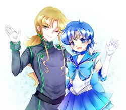  1boy androgynous back_bow bishoujo_senshi_sailor_moon bishoujo_senshi_sailor_moon_(first_season) blazer blue_choker blue_eyes blue_hair blue_sailor_collar blue_skirt blush bow brown_hair choker commentary_request earrings elbow_gloves female gloves green_eyes jacket jewelry long_hair magical_boy magical_girl mizuno_ami one_eye_closed ponytail ribbon sailor_collar sailor_mercury sailor_moon_musical sailor_senshi_uniform short_hair skirt smile tiara torao_(torakmn) white_gloves zoisite_(sailor_moon) 