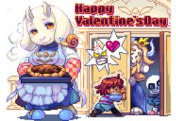  ambiguous_gender angry animated animated_skeleton anthro apron asgore_dreemurr beard blonde_hair bone boss_monster_(undertale) bovid caprine clothing crown dessert digital_media_(artwork) facial_hair female food footwear frisk_(undertale) fur gastropod grin group hair headgear heart_symbol holidays horn human humanoid long_ears looking_at_viewer loop low_res male mammal mollusk pastry pie pixel_(artwork) pixel_animation sans_(undertale) shigeruarsw shoes short_playtime simple_background skeleton slippers smile snail text toriel undead undertale undertale_(series) valentine&#039;s_day white_background white_body white_fur yellow_eyes 