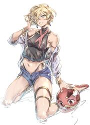  alternate_costume ball bare_shoulders beachball bikini blonde_hair blue_eyes bracelet commentary_request cordelia_(granblue_fantasy) denim denim_shorts earrings female granblue_fantasy hair_over_one_eye jewelry kneeling navel short_shorts shorts solo swimsuit thigh_strap vyrn_(granblue_fantasy) zunta 