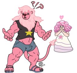  2015 3_toes ?! alien alien_humanoid anthro anthrofied beachfox bottomwear cartoon_network claws clothed clothing diamond_(gem_species) dress duo exclamation_point feet felid footwear fur fusion gem_(species) greg_universe heart_symbol humanoid lion lion_(steven_universe) male mammal pantherine pink_body pink_fur question_mark rose_quartz_universe sandals shirt shorts steven_universe toe_claws toes topwear 