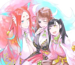  3girls ;d ^_^ animal_ears bad_id bad_pixiv_id black_hair blush breasts brown_hair cleavage closed_eyes commentary eyepatch fox_ears fox_tail heterochromia horns large_breasts long_hair mila_(yuta27315) multiple_girls one_eye_closed open_mouth original smile tail yellow_eyes 