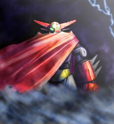  aniki_gunsou arm_blade black_clouds cape commentary_request getter-1 getter_robo getter_robo_(1st_series) glowing glowing_eyes highres lightning mecha no_humans robot smoke solo weapon 