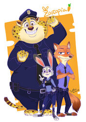  2016 3_toes 4_fingers absurd_res ankle_guards anthro badge barefoot belt belt_pouch benjamin_clawhauser big_eyes bottomwear brown_body brown_fur brown_nose bulletproof_vest canid canine carrot cheetah claws clothed clothing countershading crossed_arms digital_media_(artwork) dipstick_ears dipstick_tail disney ear_markings feet felid feline female fingers food fox fully_clothed fur gesture gloves_(marking) green_eyes grey_body grey_fur group hand_gesture hand_on_hip hat headgear headwear hi_res judy_hopps lagomorph leporid long_ears looking_at_viewer male mammal markings multicolored_ears multicolored_tail necktie nick_wilde obese open_mouth open_smile orange_body orange_eyes orange_fur overweight pants peaked_cap pink_nose plant police police_uniform purple_eyes rabbit raised_finger raised_index_finger red_fox shirt simple_background size_difference smile spots standing tail tail_markings text toe_claws toes toony topwear true_fox uniform van_(artist) vegetable white_background yellow_body yellow_fur zootopia 