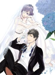  1boy black_hair breasts chrome_dokuro commentary_request dress eyepatch female formal hibari_kyouya katekyo_hitman_reborn! looking_at_viewer purple_eyes purple_hair runesque short_hair smile wedding_dress 