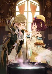  2girls ^_^ atelier_(series) atelier_sophie bare_shoulders beret brown_eyes brown_hair cauldron closed_eyes curtains feeding flower food glasses gloves hair_lift hair_ornament hairpin half_updo hand_on_own_ear hand_on_own_knee hat highres indoors jewelry leaning_forward light_brown_hair long_hair midriff monika_ellmenreich multiple_girls navel necklace noco_(adamas) official_alternate_costume official_art open_mouth pants pearl_necklace pie potion red_hair short_hair skirt smile sophie_neuenmuller sparkle test_tube test_tube_rack very_long_hair wrist_cuffs 