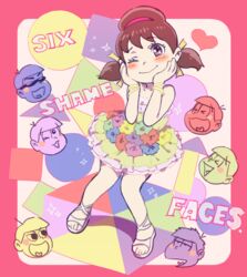  ;) bracelet brown_hair commentary dress female hair_ribbon hairband hands_on_own_face jewelry low_twintails matsuno_choromatsu matsuno_ichimatsu matsuno_jyushimatsu matsuno_karamatsu matsuno_osomatsu matsuno_todomatsu odecokun_(meshi) one_eye_closed osomatsu-kun osomatsu-san osomatsu_(series) ribbon sandals sextuplets short_twintails six_shame_faces smile solo_focus symbol-only_commentary twintails yowai_totoko 