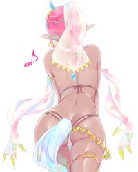  ass back bad_id bad_pixiv_id bare_shoulders commentary dark-skinned_female dark_skin female horns mila_(yuta27315) musical_note original pink_hair pointy_ears simple_background single_horn solo tail white_background 