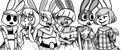  2016 animal_crossing animate_inanimate black_and_white black_eyes blush bonbon_(animal_crossing) breasts carmen_(animal_crossing) clothed clothing coco_(animal_crossing) domestic_rabbit dotty_(animal_crossing) dutch_rabbit empty_eyes female freckles group gyroid hair inkyfrog lagomorph leporid maid_uniform mammal mira_(animal_crossing) monochrome nintendo open_mouth oryctolagus rabbit ruby_(animal_crossing) simple_background smile uniform white_background 