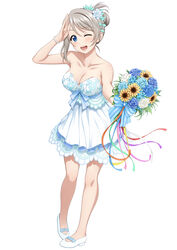  ;d alternate_hairstyle bare_arms bare_shoulders blue_eyes blue_flower blue_rose blush bouquet bow bracelet breasts cleavage collarbone commentary_request dress female floral_print flower full_body grey_hair hair_between_eyes hair_bun hair_flower hair_ornament hand_up holding holding_bouquet jewelry looking_at_viewer love_live! love_live!_sunshine!! medium_breasts no_socks one_eye_closed open_mouth photoshop_(medium) ribbon rose salute shoes simple_background single_hair_bun smile solo standing strapless strapless_dress suzume_miku thank_you_friends!! watanabe_you white_background white_dress white_flower white_footwear white_rose 