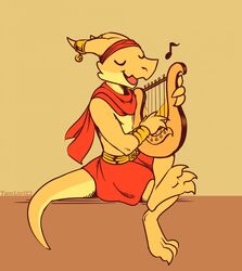  2018 3_toes anthro barefoot claws closed_eyes clothing digital_media_(artwork) digitigrade dungeons_and_dragons egyptian feet happy hasbro hi_res kobold looking_at_viewer lyre male musical_instrument plucked_string_instrument reptile scales scalie simple_background singing sirocco smile soles solo string_instrument tamlin123 toes white_background wizards_of_the_coast 