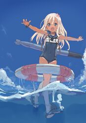  blonde_hair blue_eyes commentary_request crop_top female flower hair_flower hair_ornament kantai_collection lifebuoy long_hair one-piece_tan outstretched_arms ro-500_(kancolle) s.o_chin sailor_collar school_swimsuit spread_arms swim_ring swimsuit swimsuit_under_clothes tan tanlines torpedo 